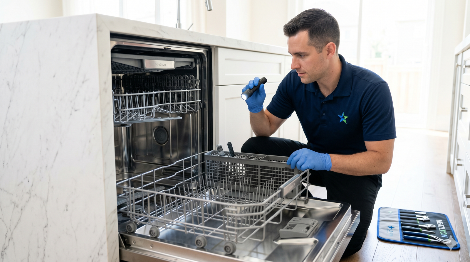 Technician repairing a modern built-in dishwasher