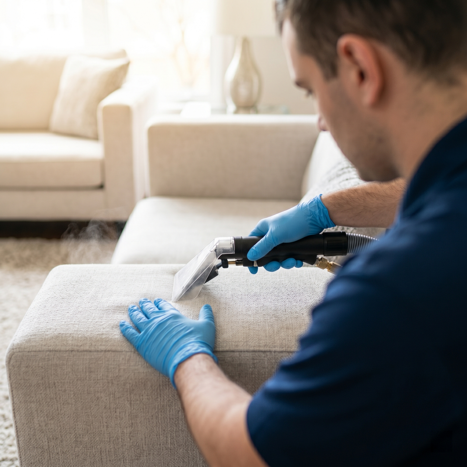 Technician steam cleaning a microfiber couch