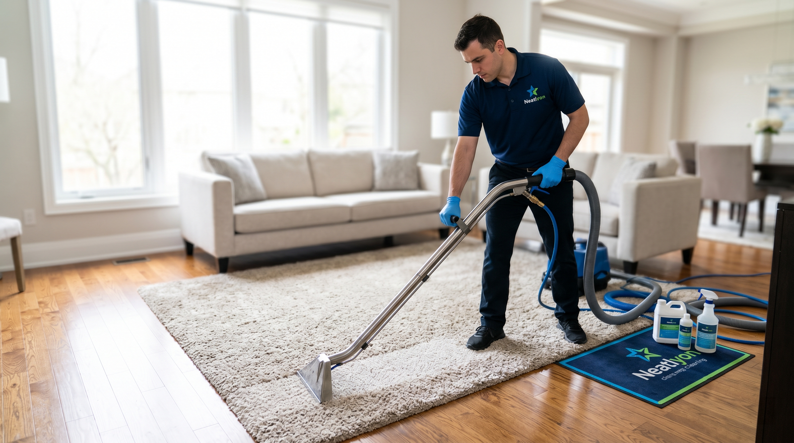 Professional carpet steam cleaning in a modern living room