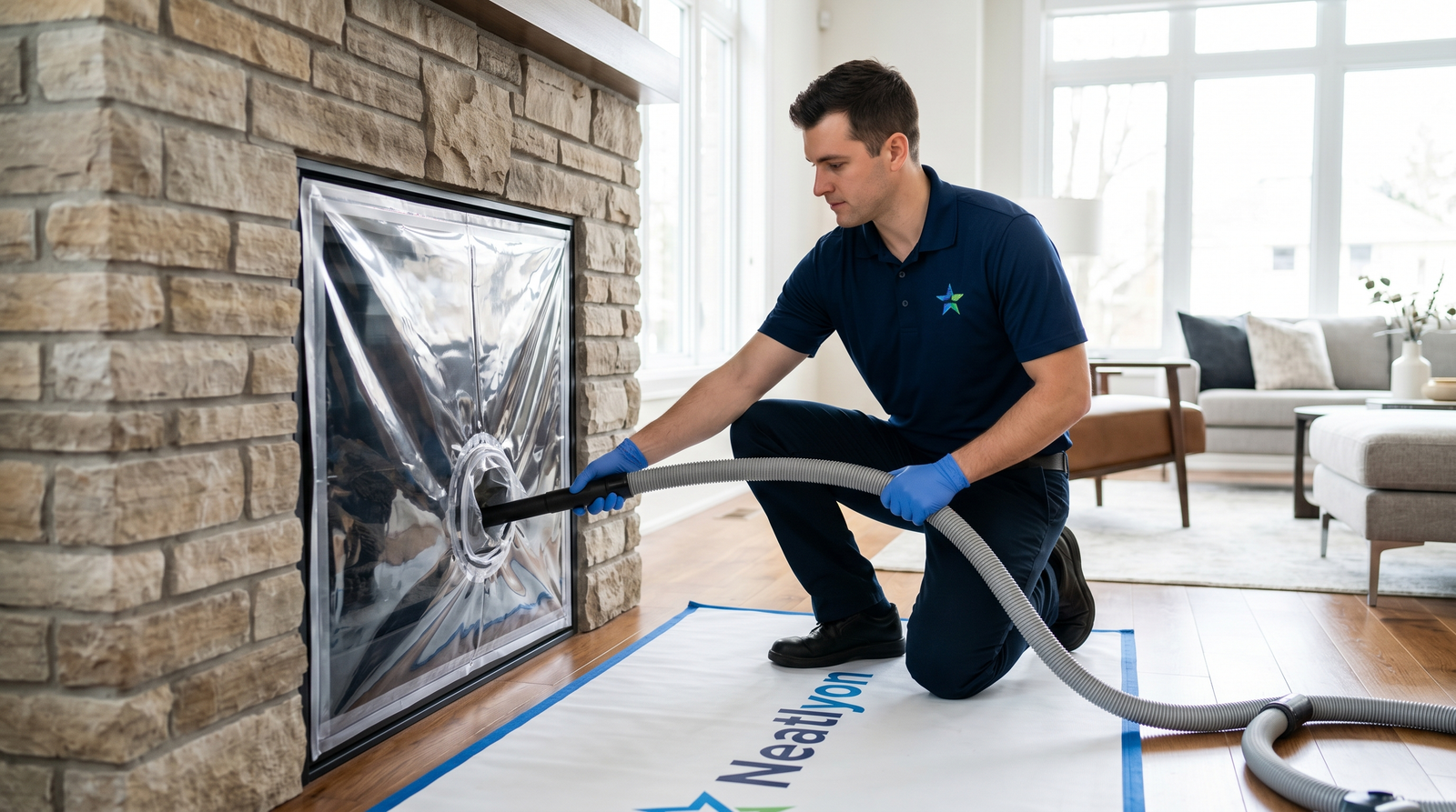 Professional Neatlyon technician cleaning a chimney
