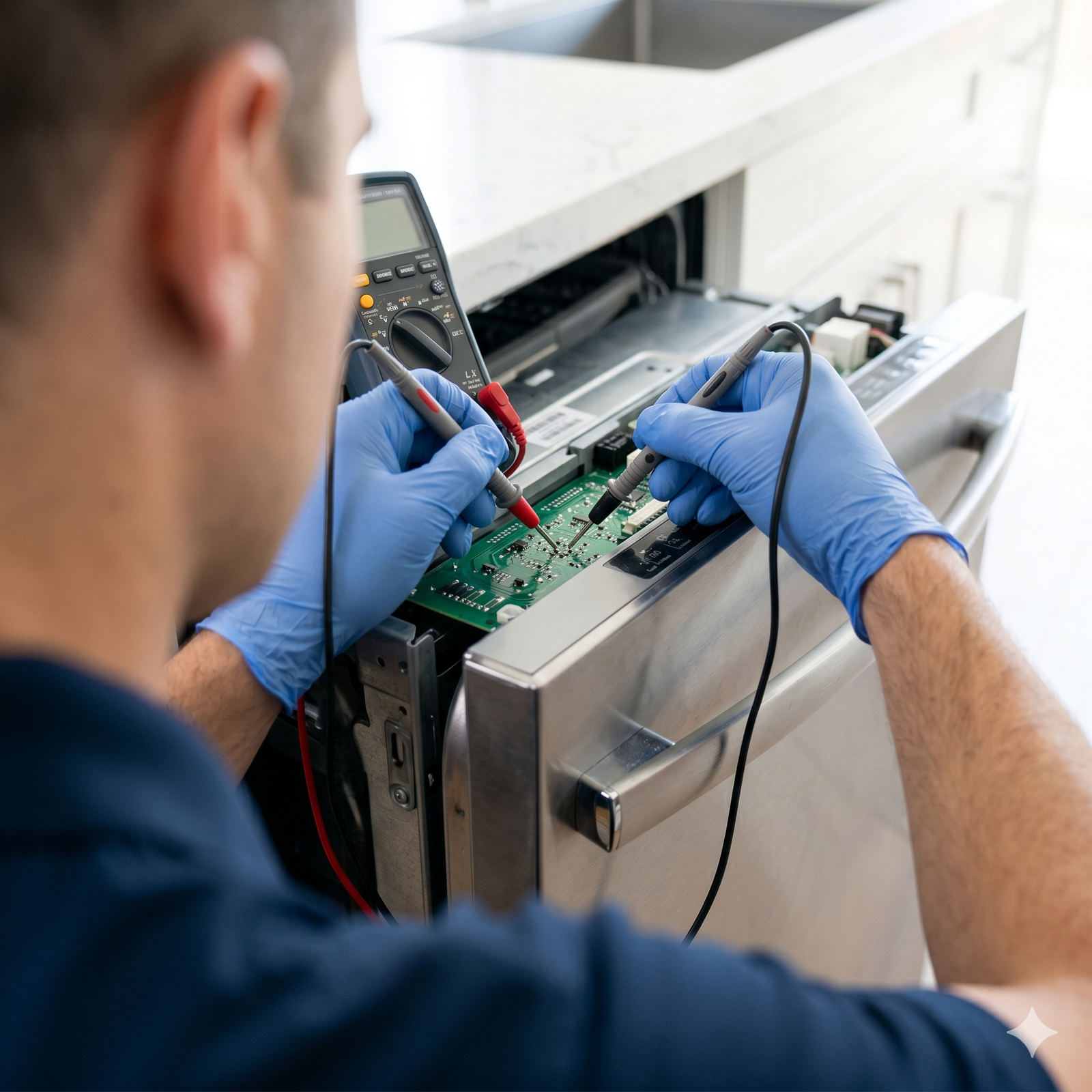 Technician checking dishwasher door seal