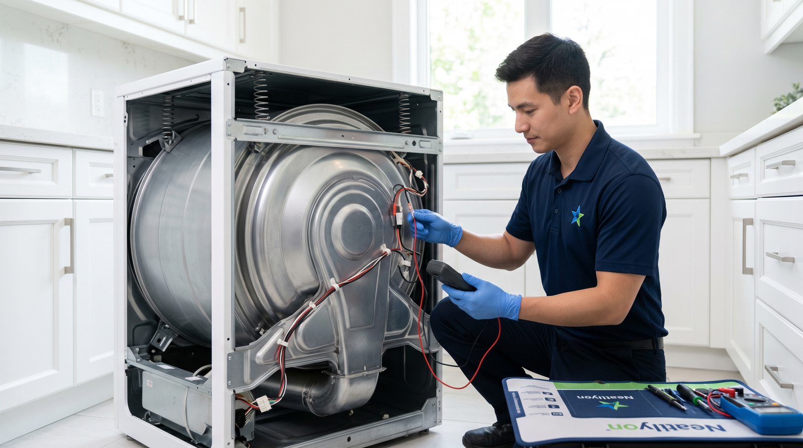 Technician repairing an electric clothes dryer