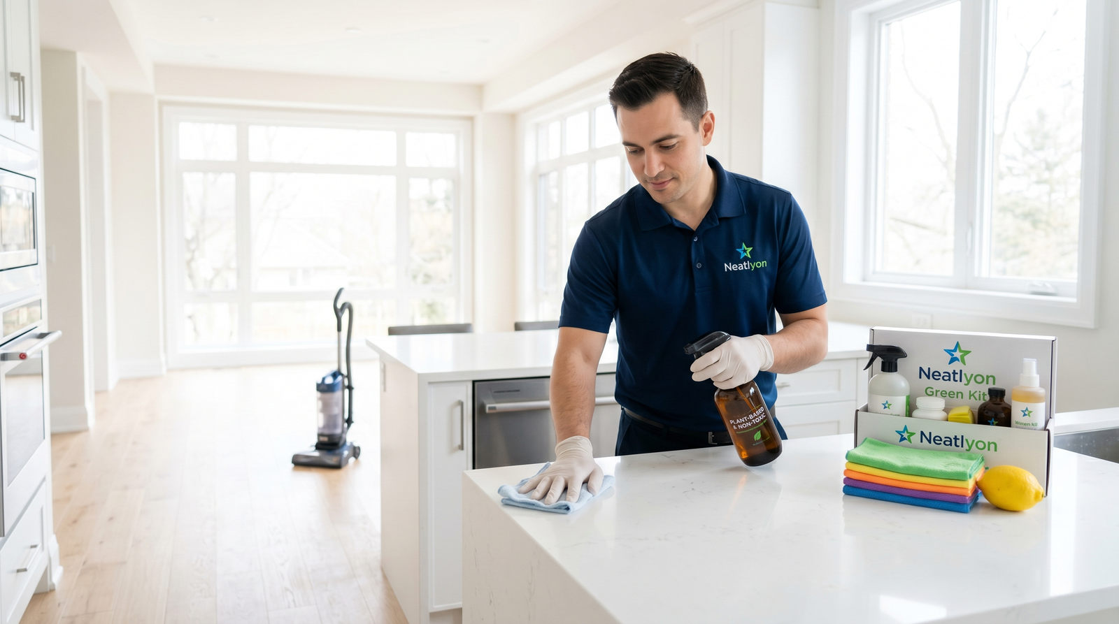 Neatlyon professional wiping a kitchen counter with green cleaning products