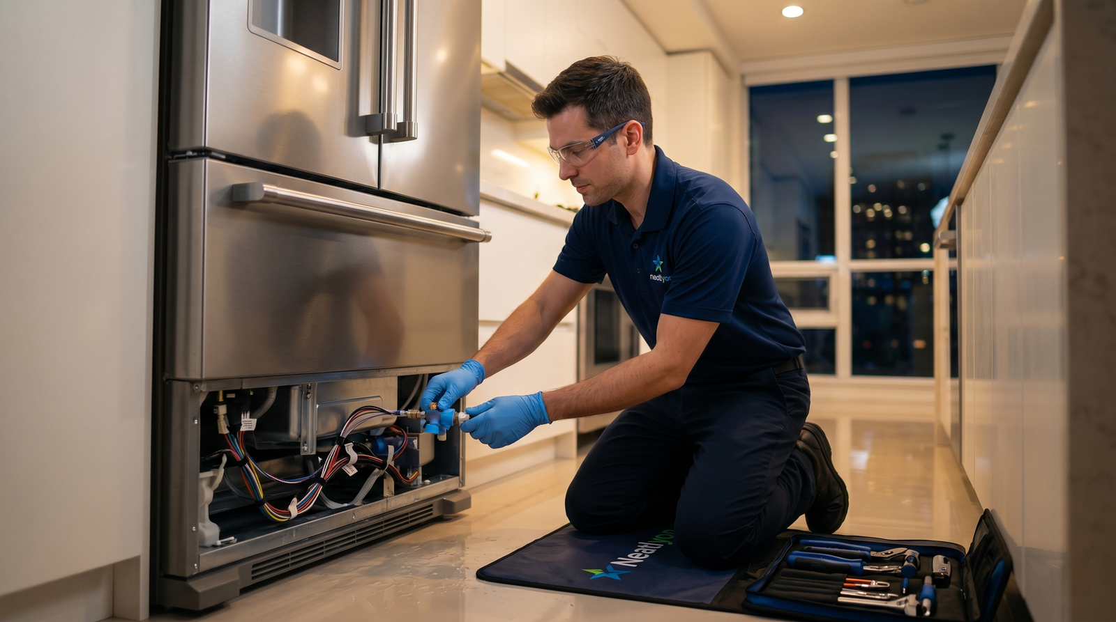 Technician quickly fixing a leaking washing machine