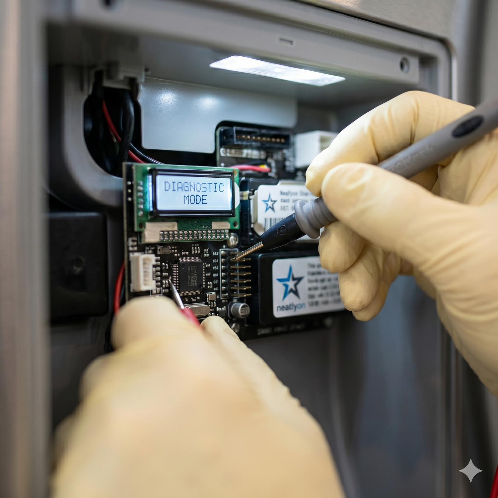 Digital multimeter testing fridge wiring