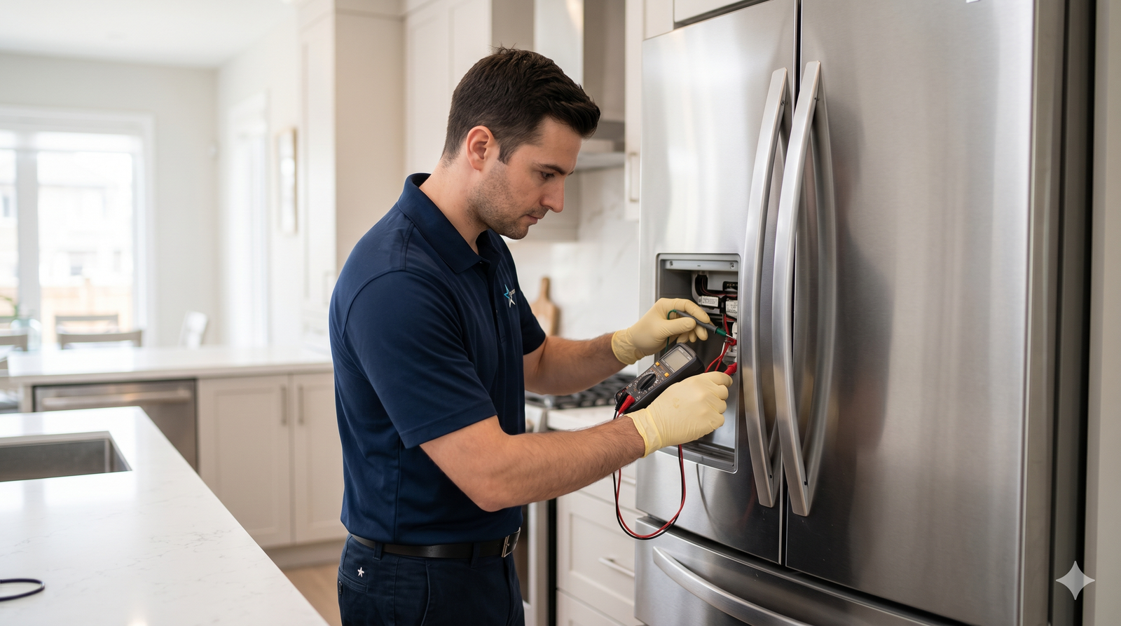 Expert technician testing modern refrigerator motherboard