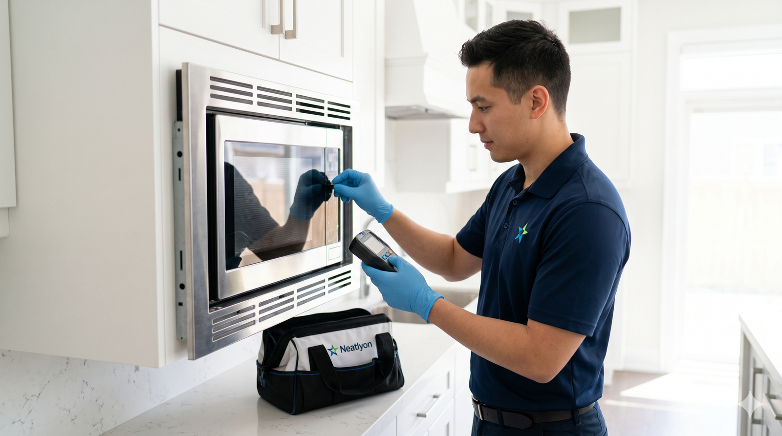 Technician repairing an Over-The-Range built-in microwave