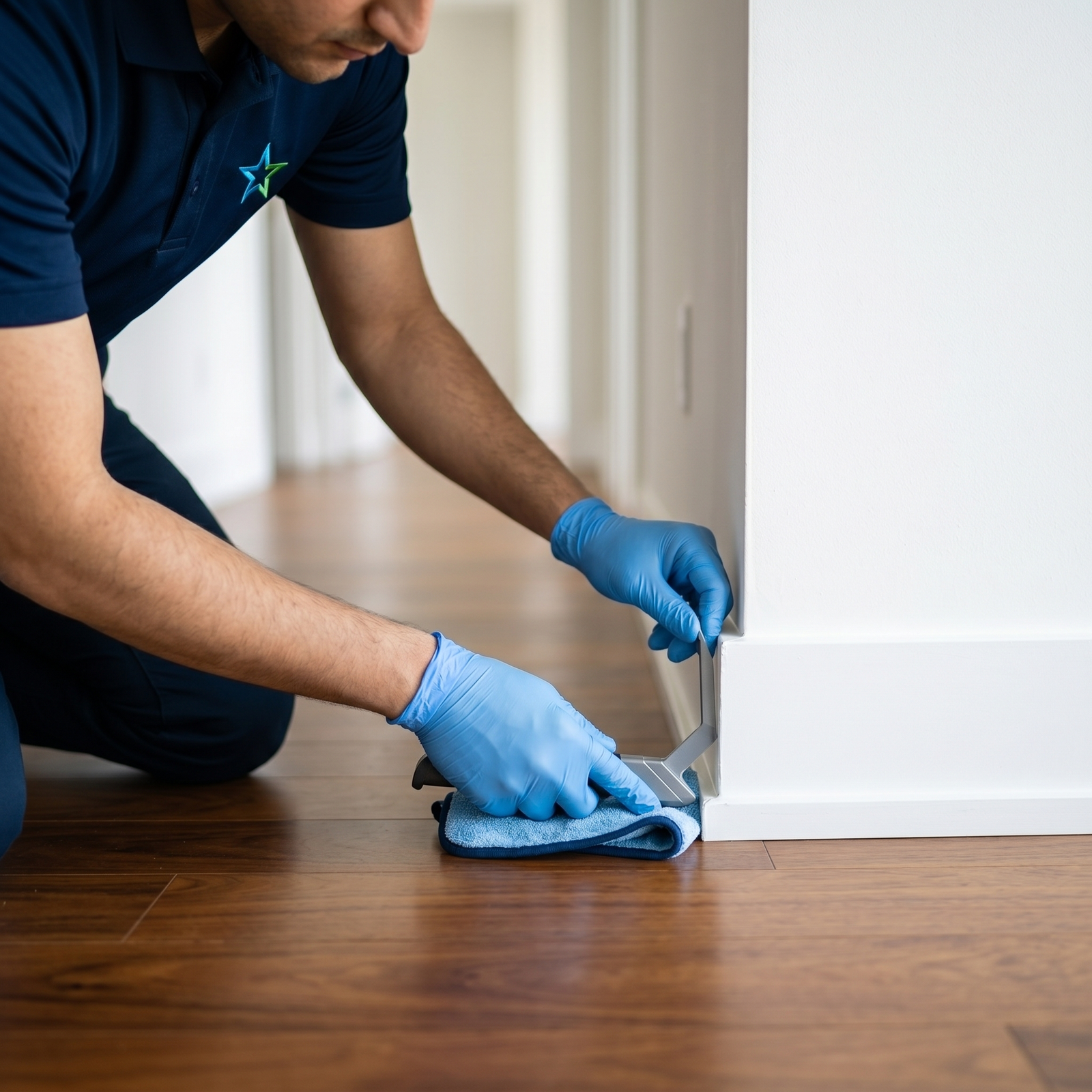Cleaner wiping the inside of empty kitchen cabinets