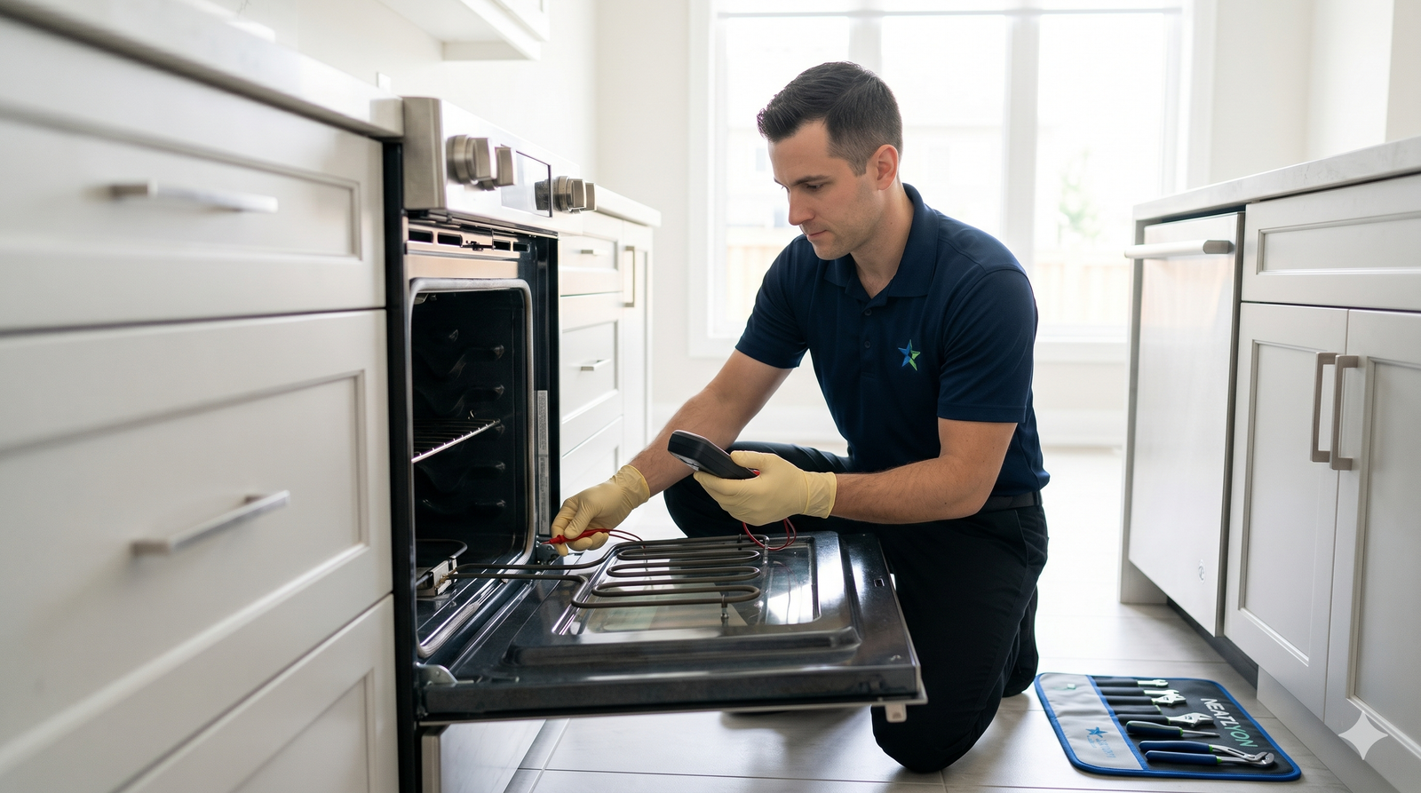 Professional technician repairing an electric stove in a modern kitchen