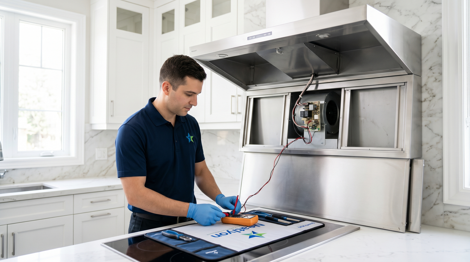 Technician repairing a stainless steel kitchen range hood