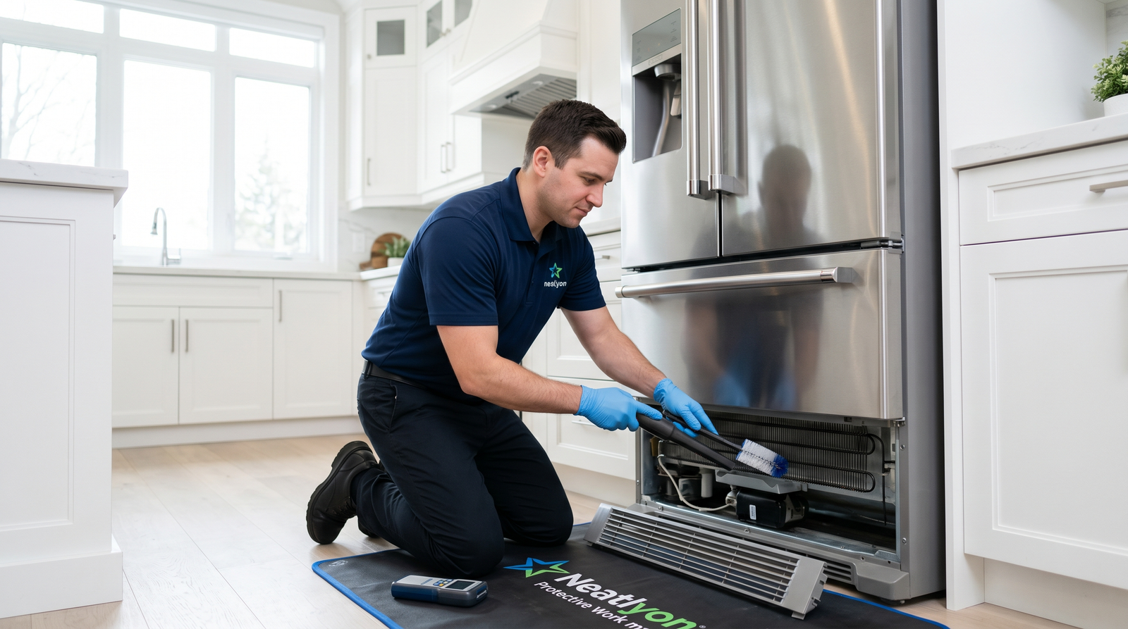 Technician performing routine maintenance on a home appliance