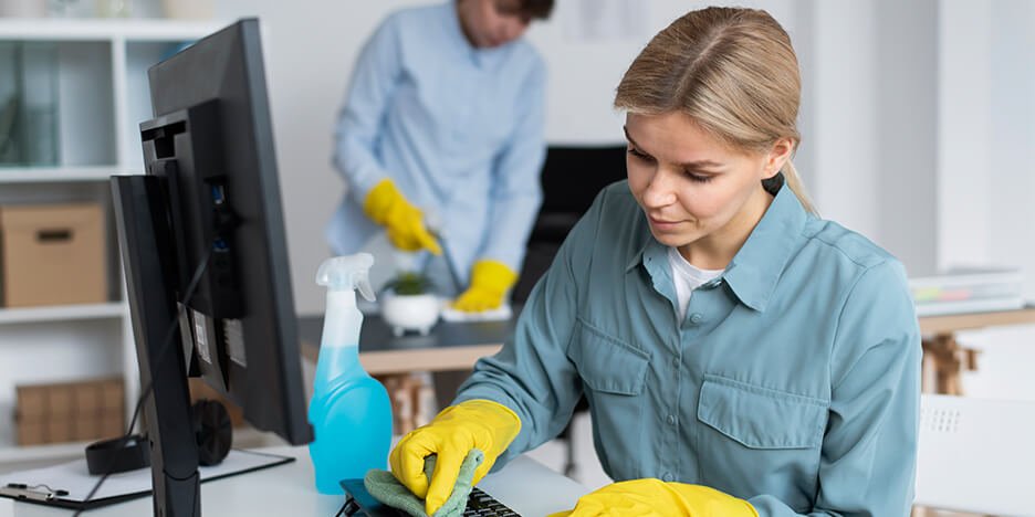 Professional janitorial staff cleaning a modern corporate office