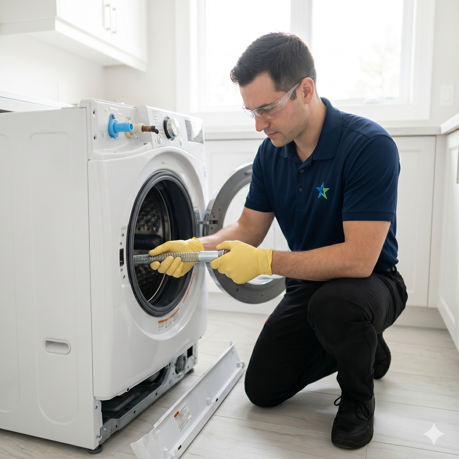 Technician checking a washing machine drain pump