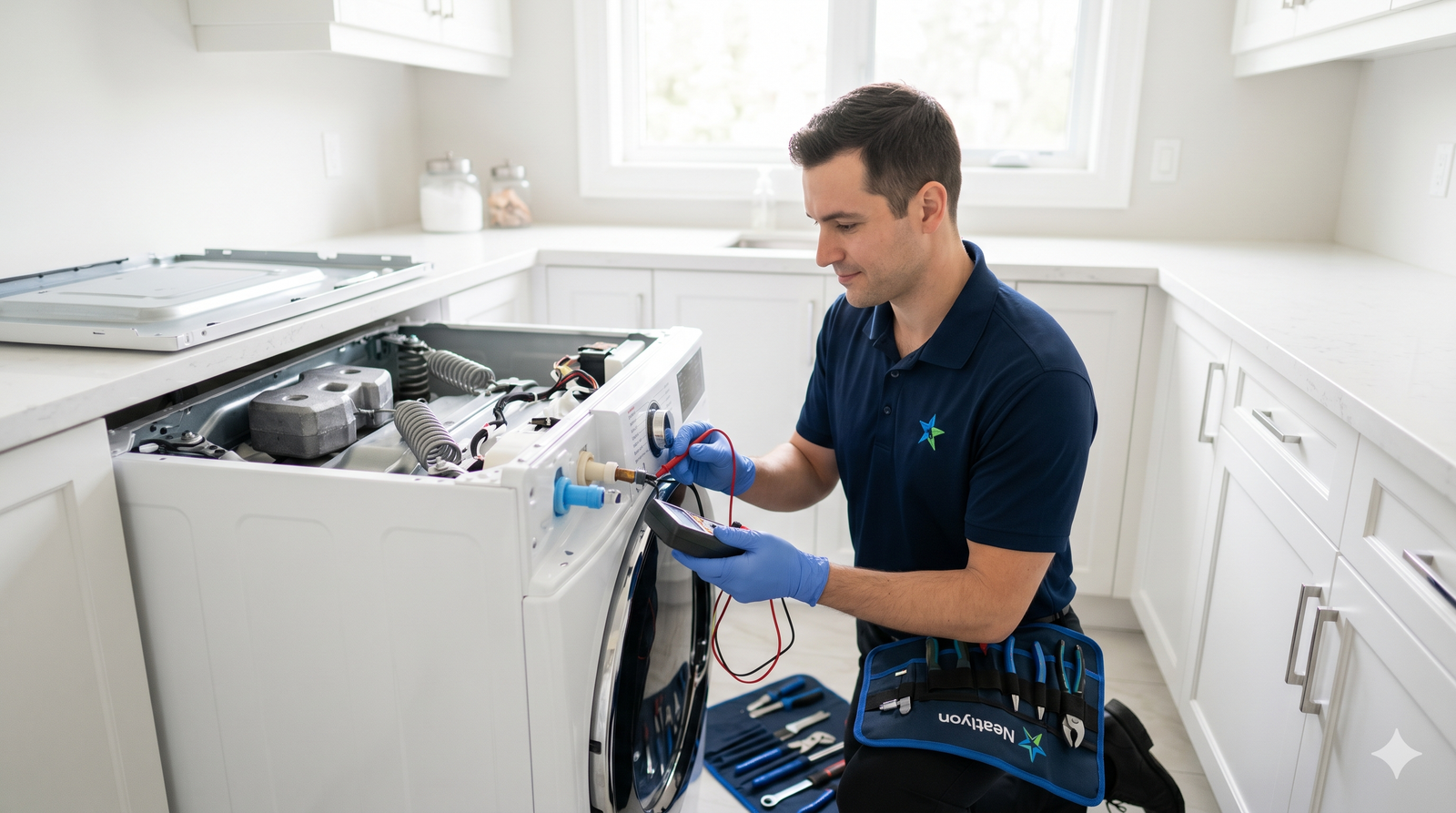 Professional appliance technician repairing a front-load washing machine