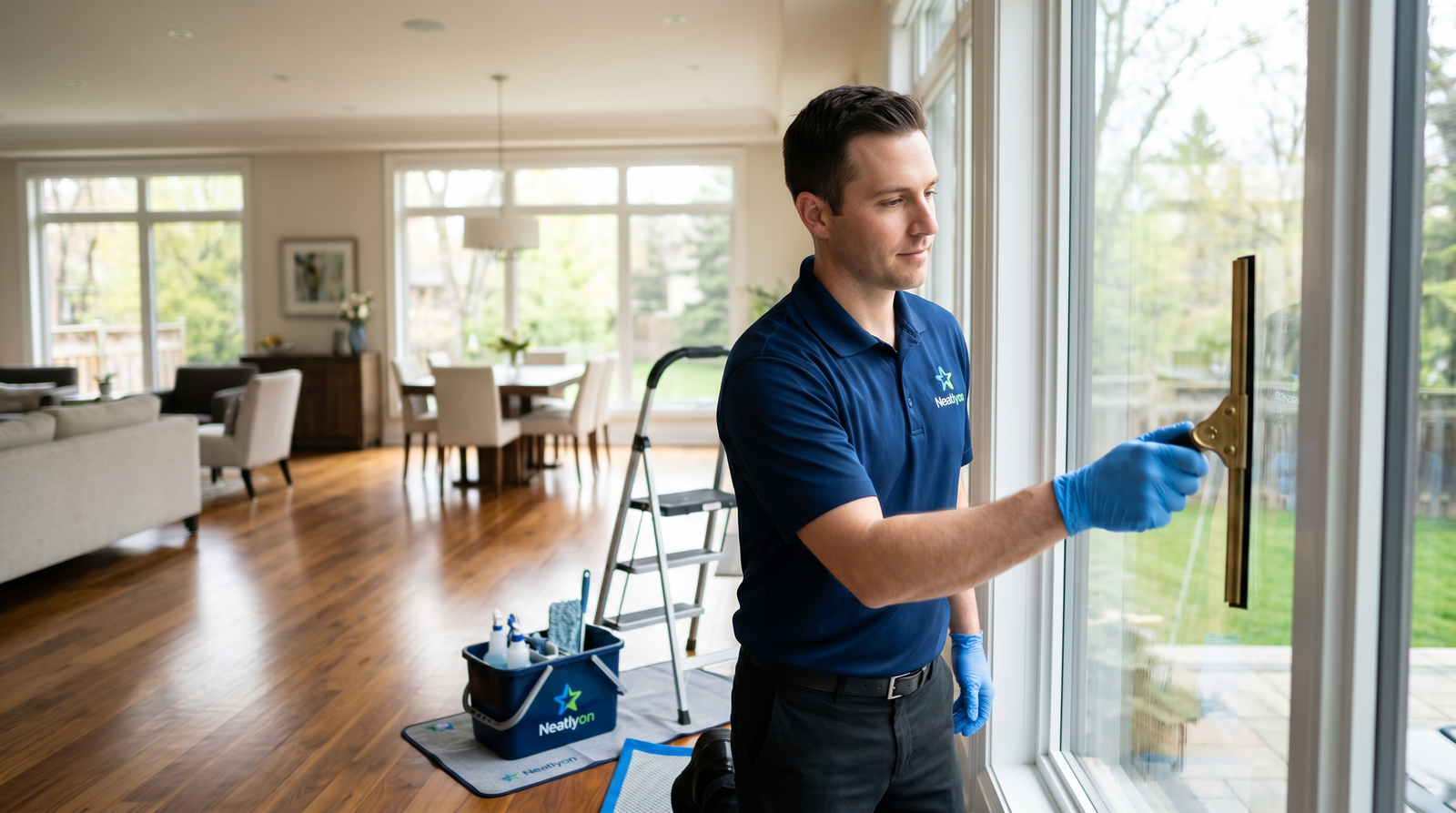 Professional window cleaner washing exterior home windows